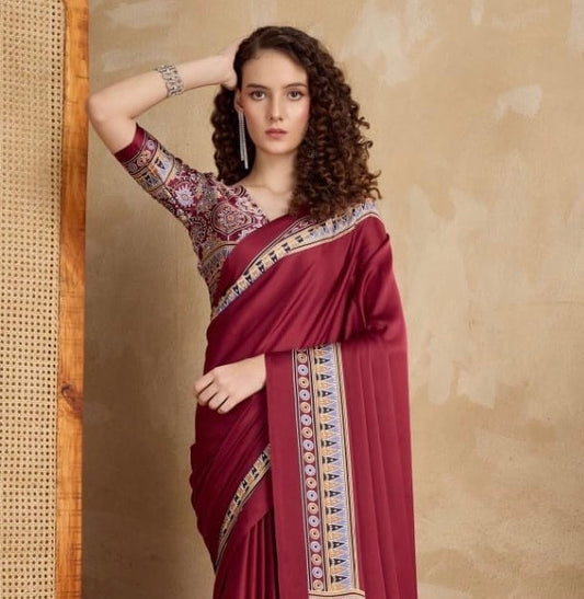 Plain Red Readymade Ajrakh Saree