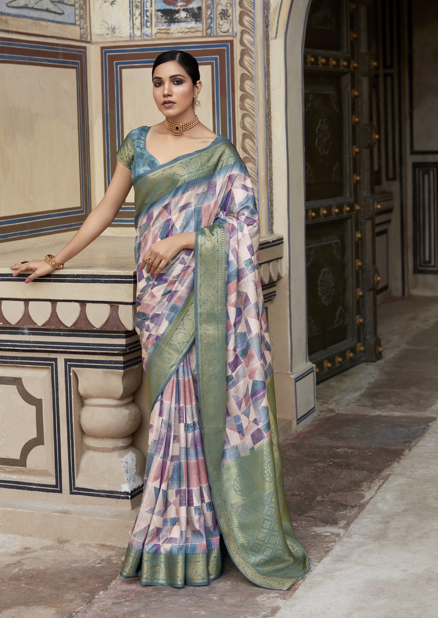 Multi Color Printed Silk Readymade/Easy Saree