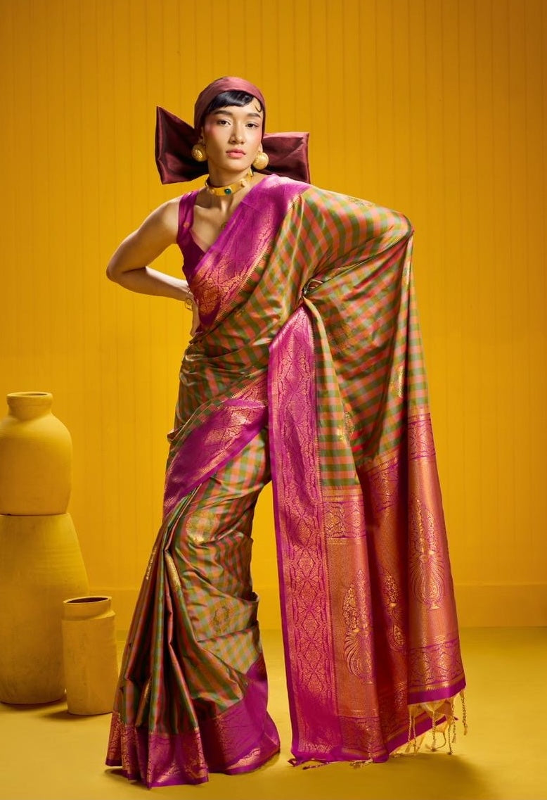 Olive Green-Pink Checks Readymade/Easy Kanjivaram Saree - Panaash Saree