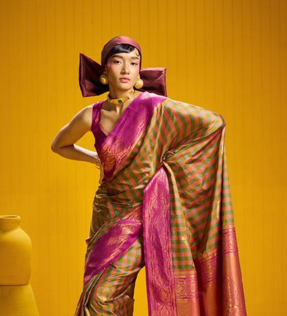 Olive Green-Pink Checks Readymade/Easy Kanjivaram Saree - Panaash Saree