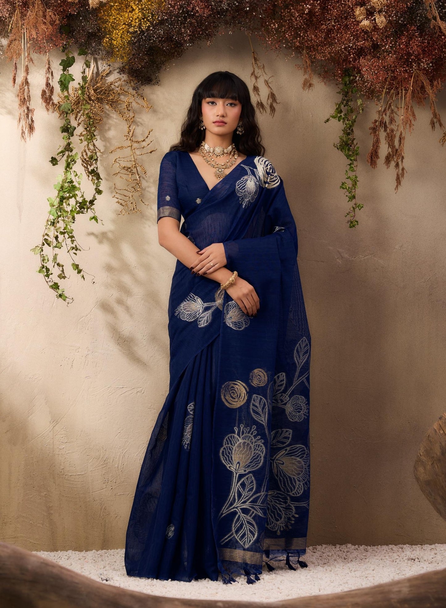 Navy Blue Munga Silk Readymade/Easy Saree - Panaash Saree