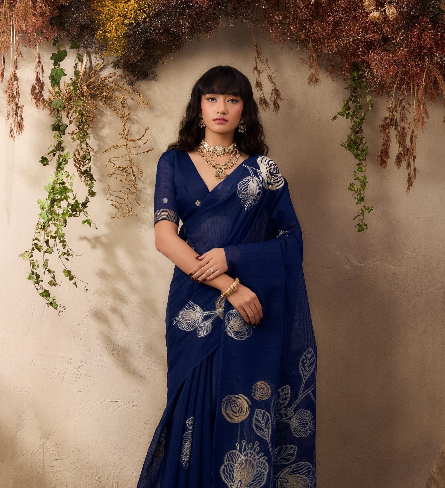 Navy Blue Munga Silk Readymade/Easy Saree - Panaash Saree