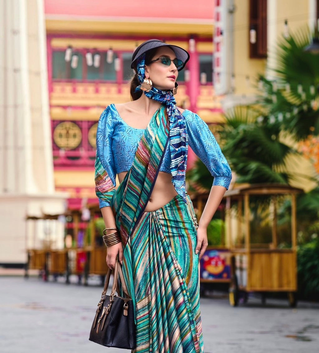 Turquoise Blue Crepe Silk Ready To Wear/Easy Saree