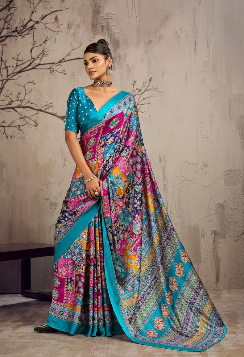 Full-length view of a blue modal silk ready-to-wear saree with a multicolor print and teal border
