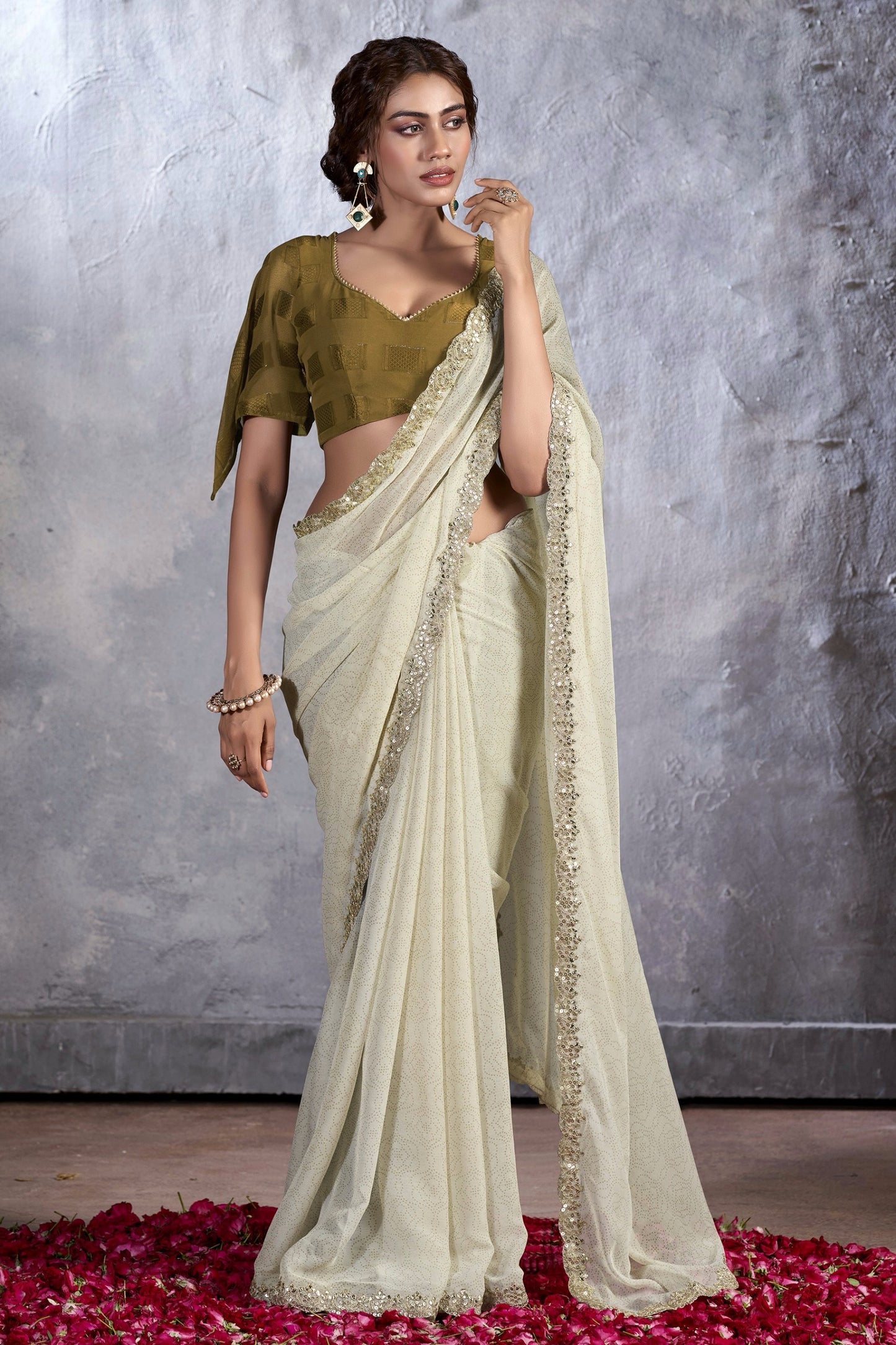 Off White Color Georgette Readymade Saree