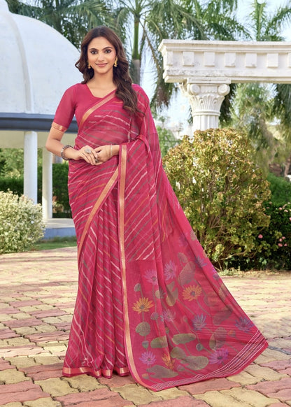 Rose pink georgette saree with gold border and floral print, draped with blouse sleeves