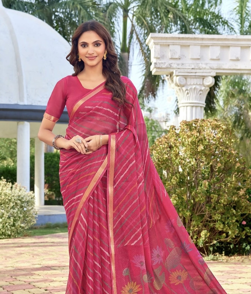 Rose pink georgette saree with gold-trim border and floral motifs, front drape view