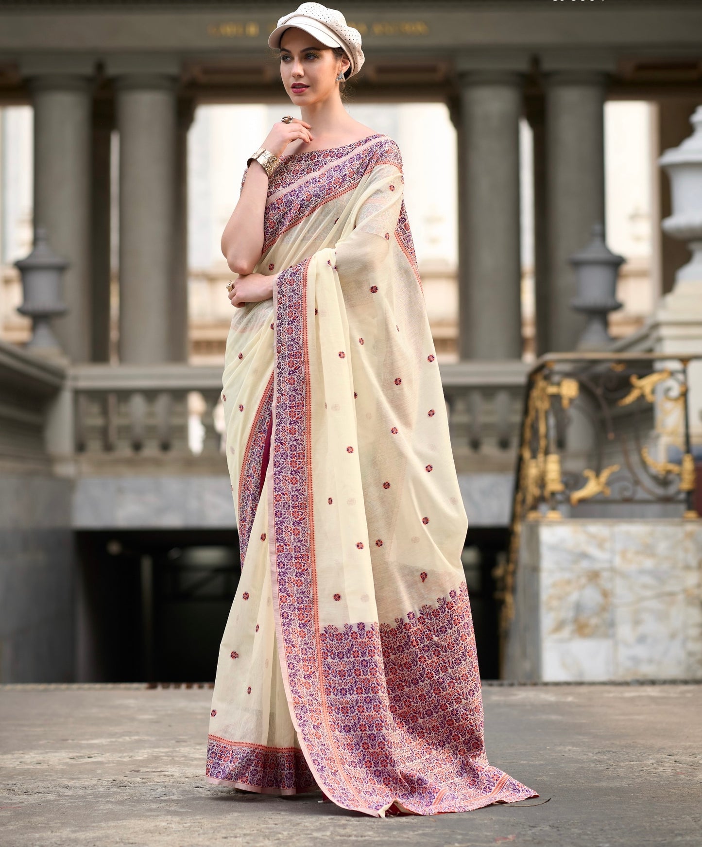 Off White Color Resham Woven Linen Cotton Easy/Readymade Saree