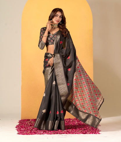 Black Color Printed Soft Silk Readymade/Easy Saree