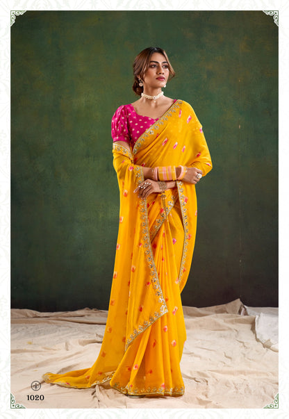 Yellow Pink Color Georgette Readymade/Easy Saree