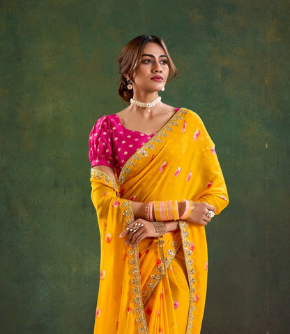 Yellow Pink Color Georgette Readymade/Easy Saree