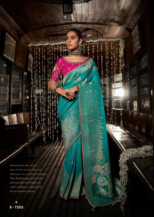 Turquoise Banarasi Soft Silk Readymade/Easy Saree