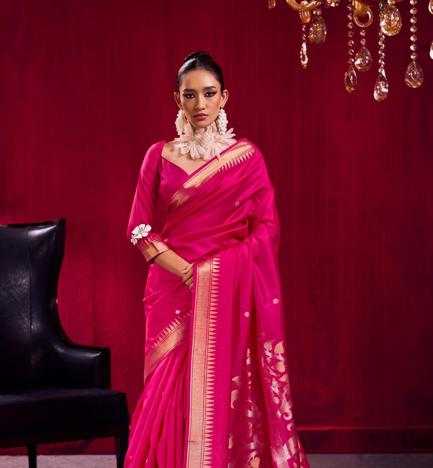Fuchsia Pink Kataan Silk Readymade/Easy Saree - Panaash Saree