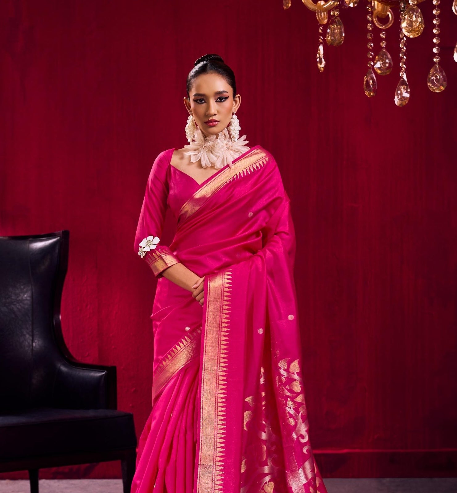 Fuchsia Pink Kataan Silk Readymade/Easy Saree - Panaash Saree