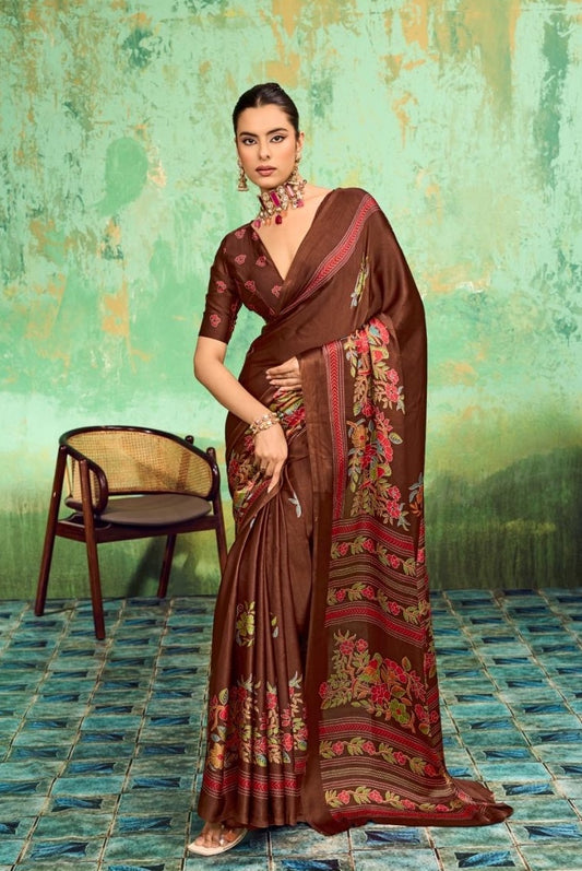 Brown modal silk saree with maroon floral border and embroidered pallu, ready-to-wear drape