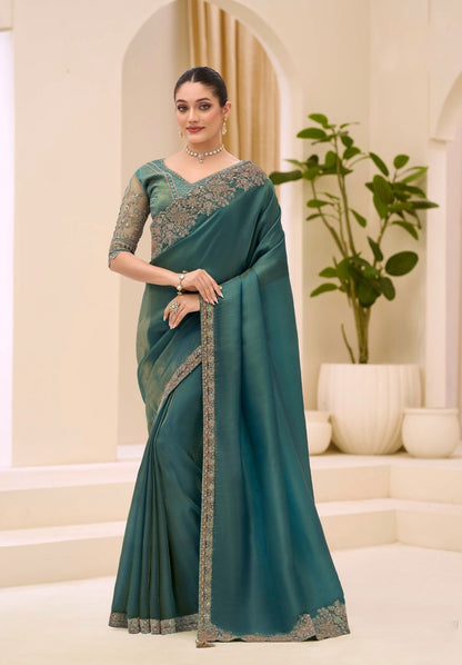 Deep Teal Cocktail Party Wear Readymade Saree