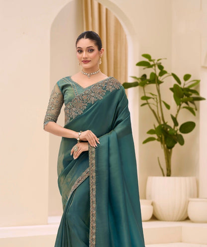 Deep Teal Cocktail Party Wear Readymade Saree