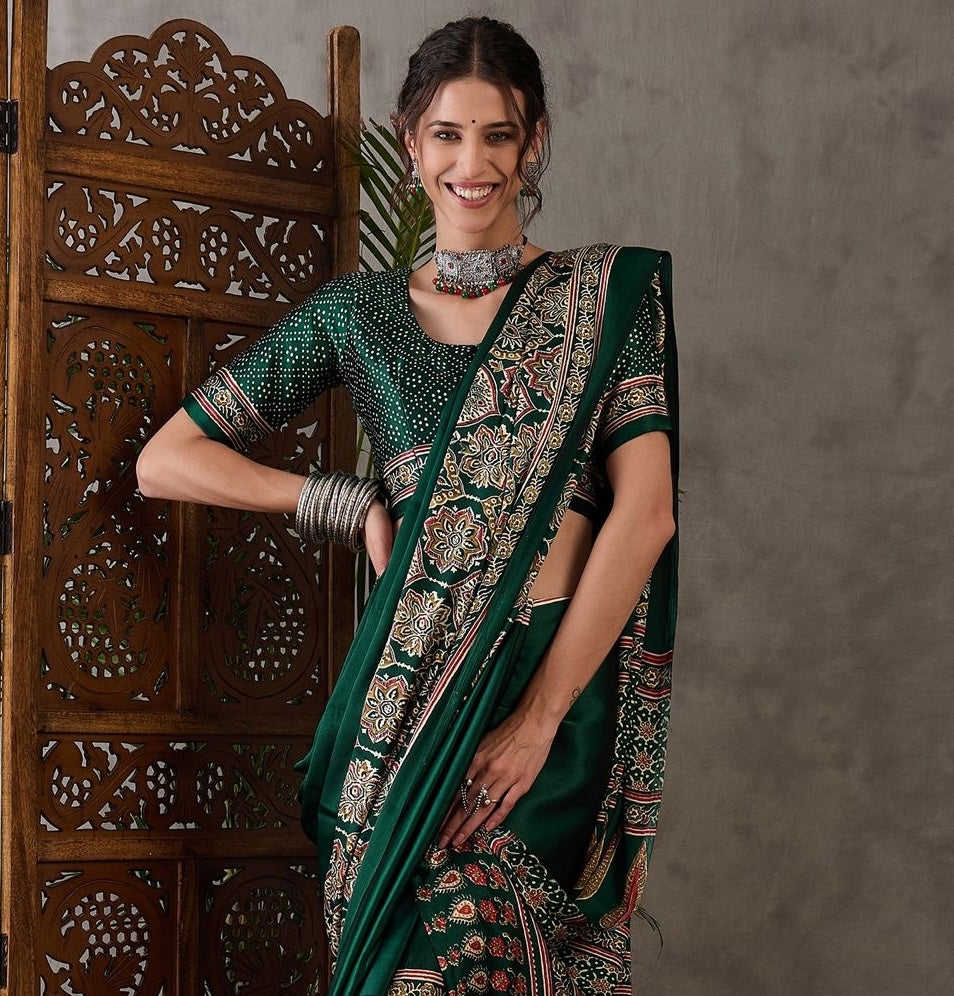 Green Crepe Silk Office wear Readymade/Easy Saree