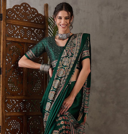 Green Crepe Silk Office wear Readymade/Easy Saree