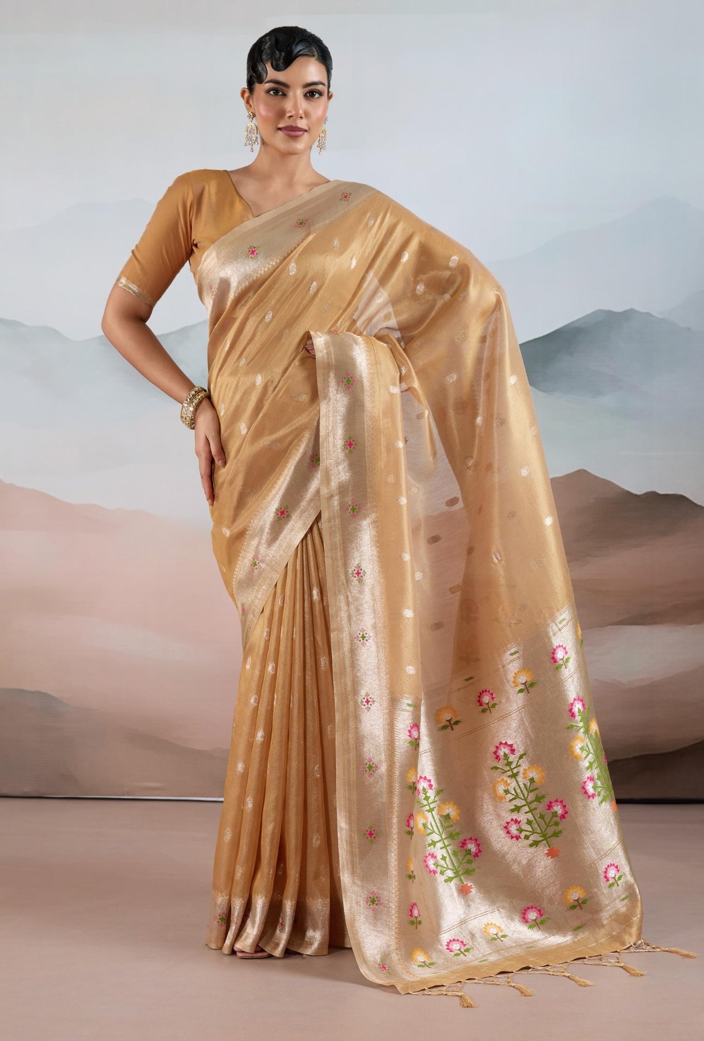 Beige Paithani Tissue Readymade/Easy Saree