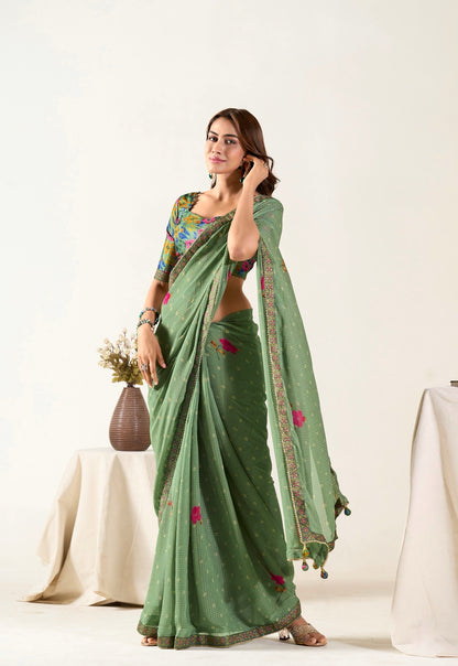 Green Georgette Readymade Saree