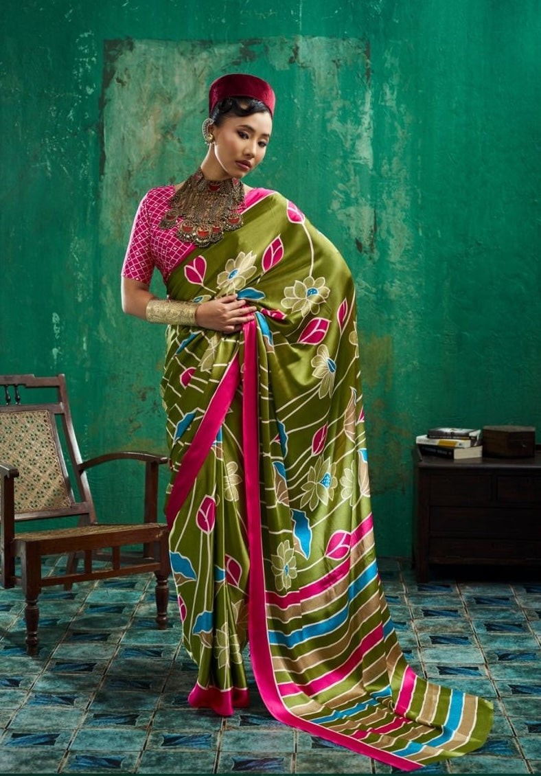 Olive Green Modal Silk Ready To Wear/Easy Saree by StyleByPanaash
