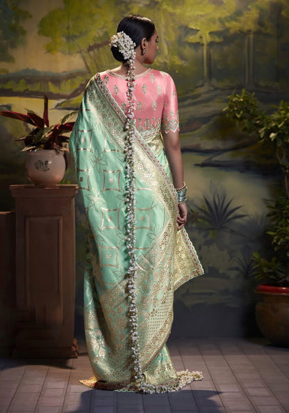 Pastel Green Color Designer Kanjivaram Readymade/Easy Saree