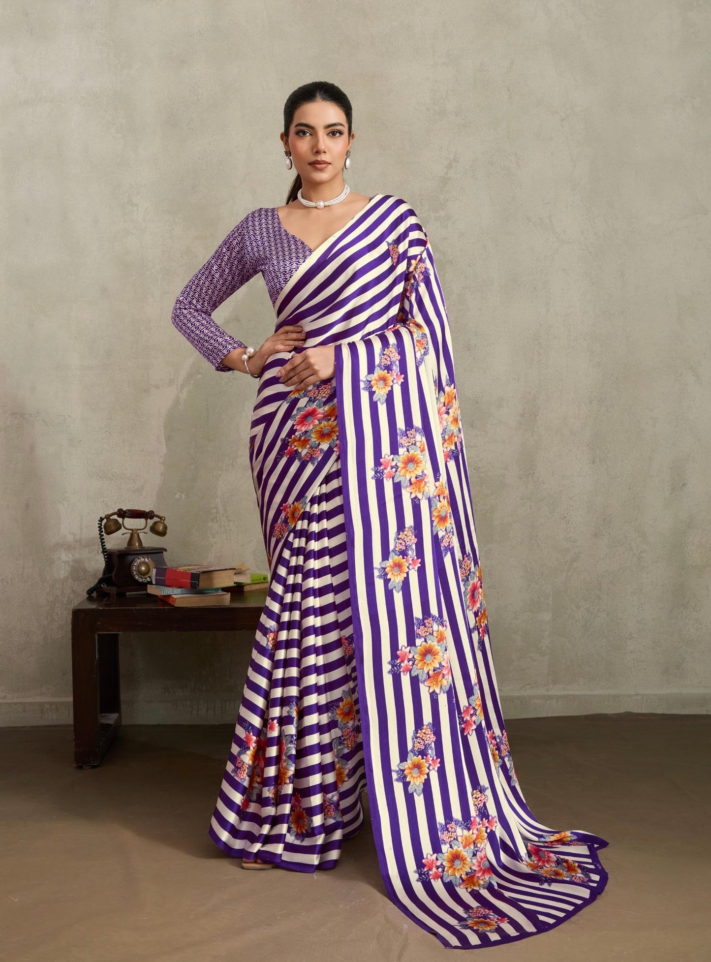 Purple and white Stripe Crepe Silk Readymade/Easy Saree