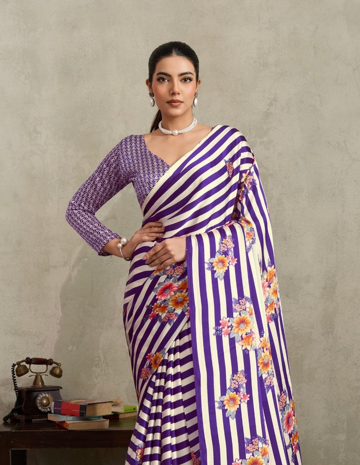 Purple and white Stripe Crepe Silk Readymade/Easy Saree