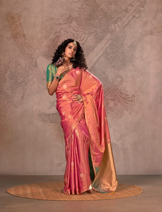 Deep Coral Pink Kanjivaram Silk Readymade/Easy Saree - Panaash Saree