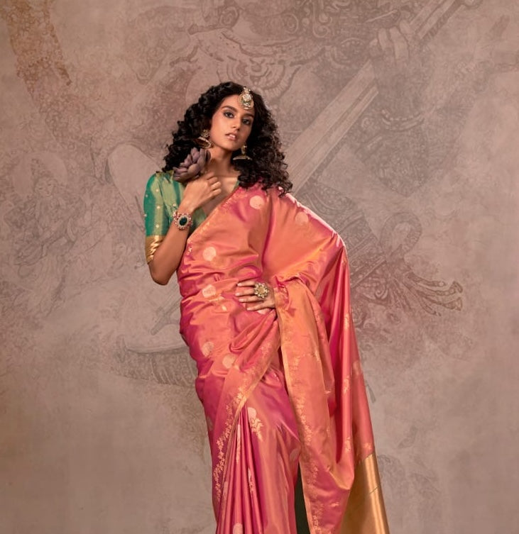 Deep Coral Pink Kanjivaram Silk Readymade/Easy Saree - Panaash Saree