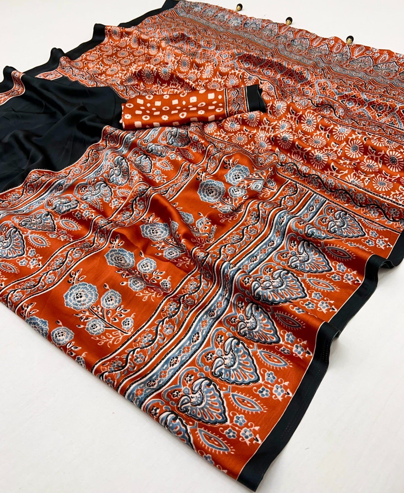 Black & Orange Crepe Silk Readymade/Easy Saree