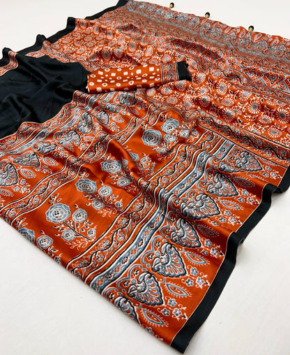 Black & Orange Crepe Silk Readymade/Easy Saree