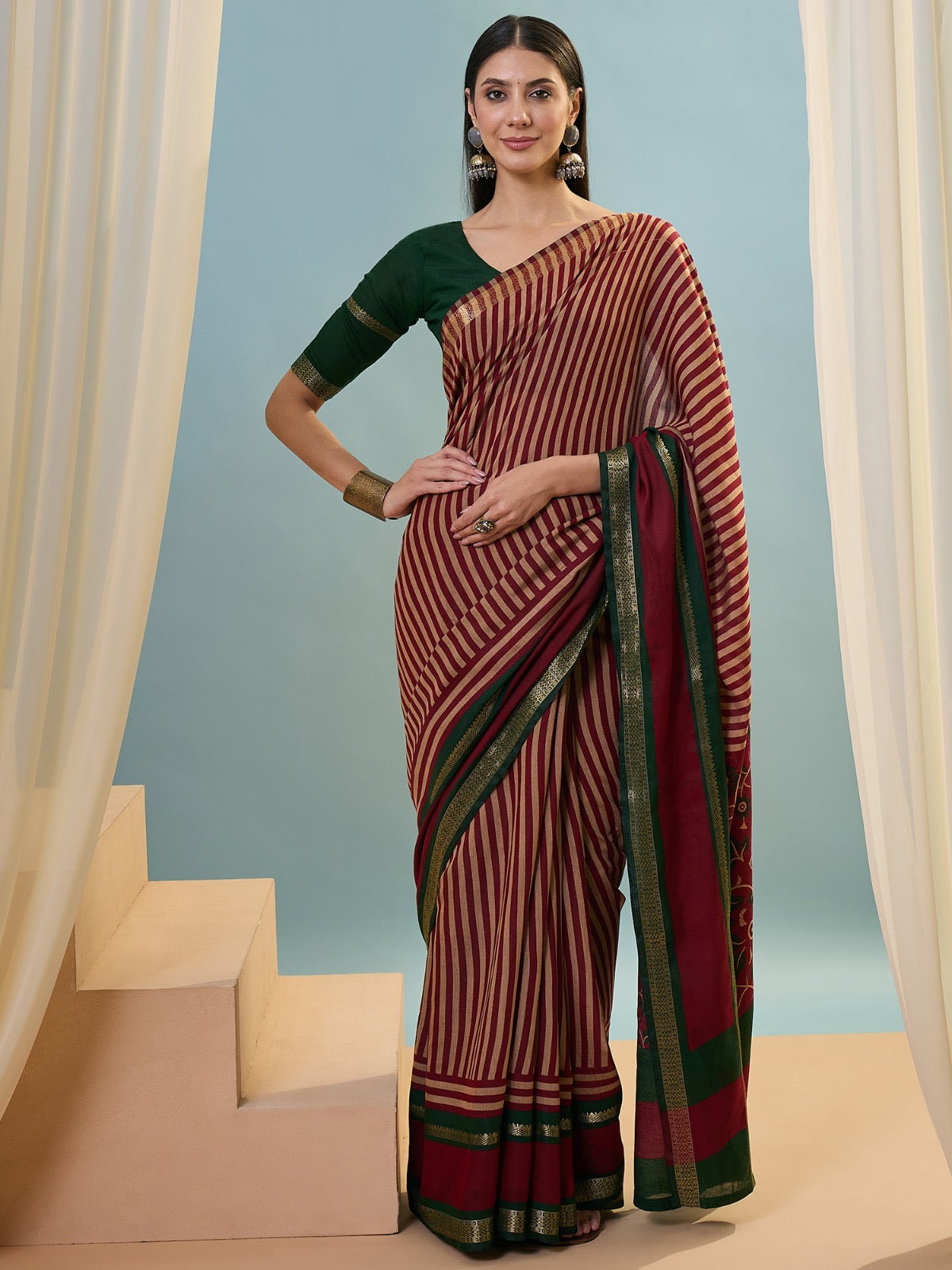Red Striped Mul Cotton Ready To Wear/Easy Saree