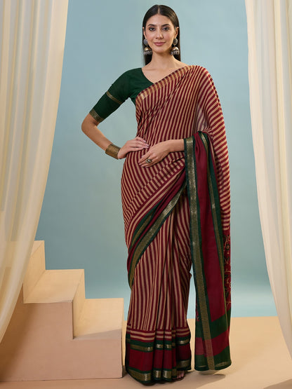 Red Striped Mul Cotton Ready To Wear/Easy Saree