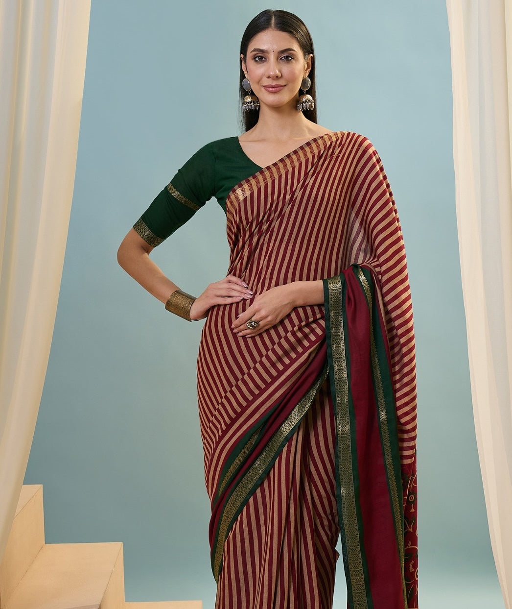 Red Striped Mul Cotton Ready To Wear/Easy Saree