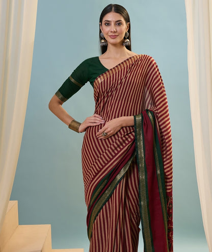 Red Striped Mul Cotton Ready To Wear/Easy Saree