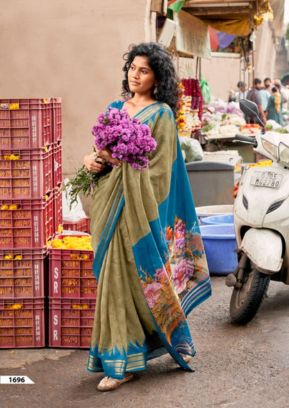 Sage Green Cotton Ready To Wear/Easy Saree by Stylebypanaash  