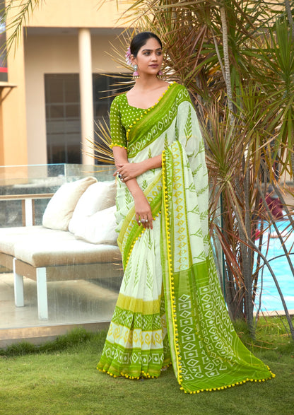 Off White Color Mul Mul Cotton Easy/Readymade Saree