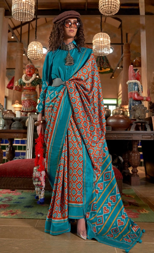 Turquoise blue Patola Silk Readymade/Easy Saree