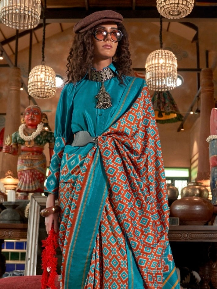 Turquoise blue Patola Silk Readymade/Easy Saree