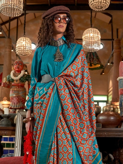 Turquoise blue Patola Silk Readymade/Easy Saree