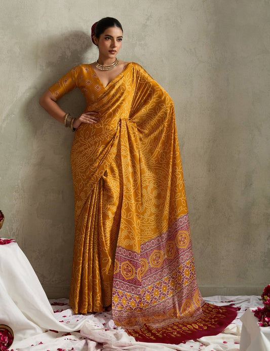 Mustard Yellow Crepe Silk Readymade/Easy Saree