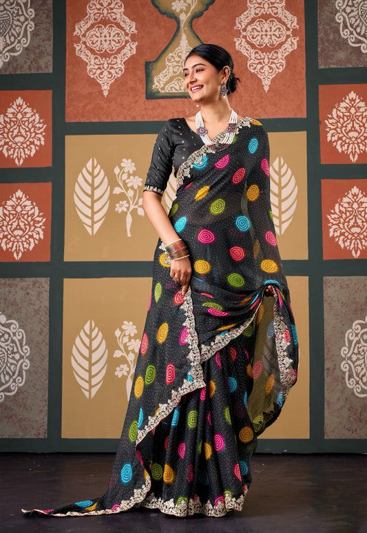 Black Chiffon Ready To Wear/Easy Saree