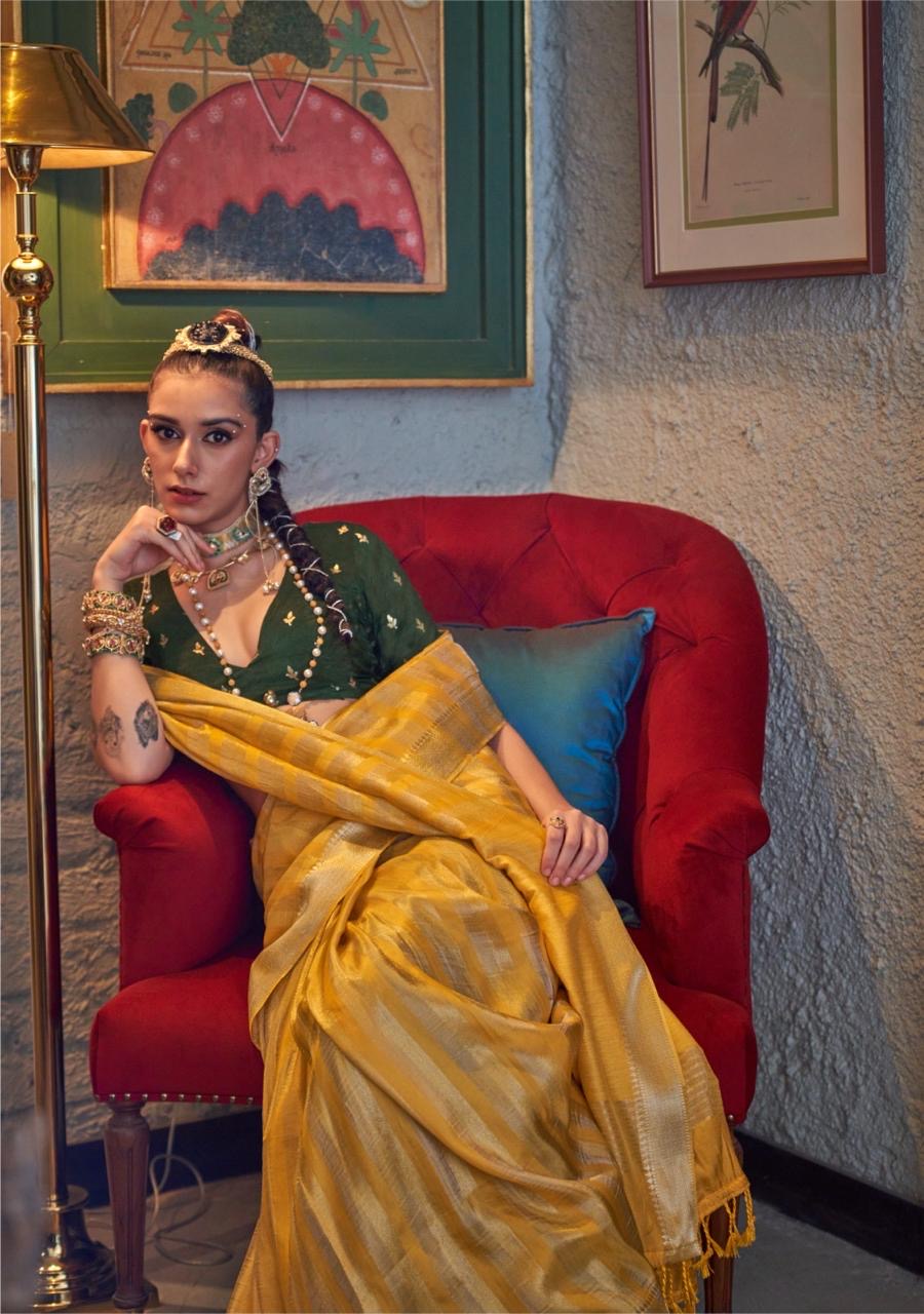 Yellow Banarasi Silk Readymade/Easy Saree