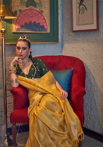 Yellow Banarasi Silk Readymade/Easy Saree