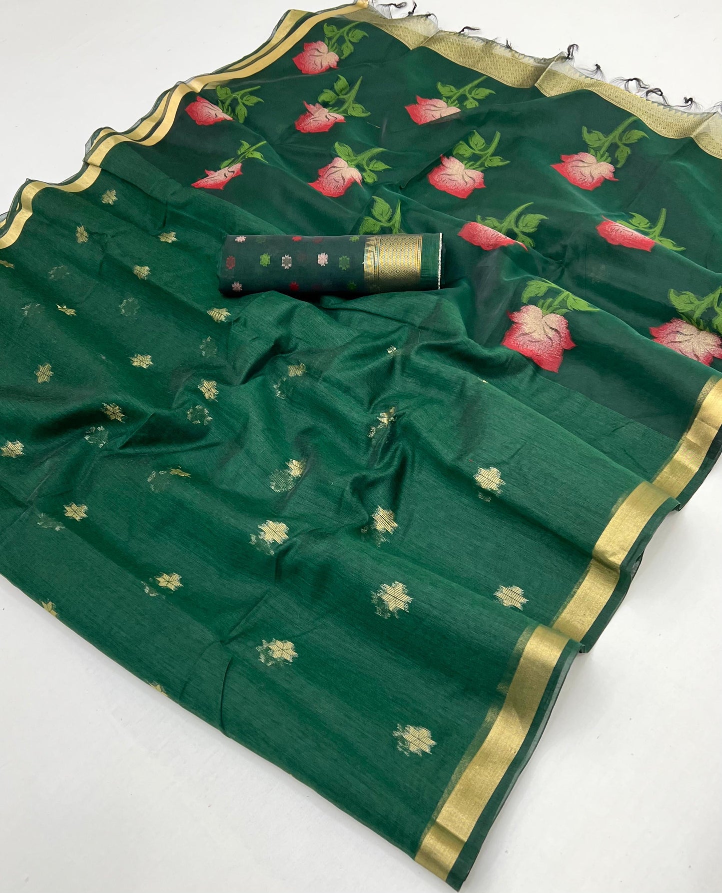 Dark Green Cotton Readymade/Easy Saree