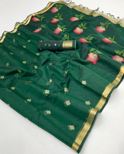 Dark Green Cotton Readymade/Easy Saree