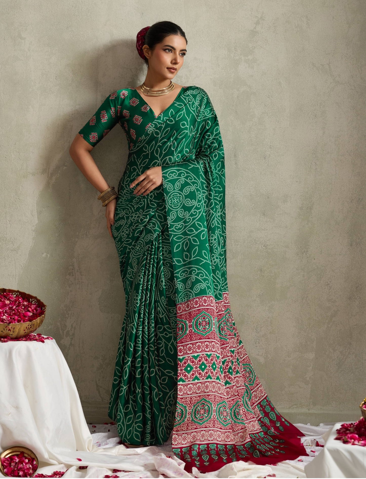 Green Crepe Silk Readymade/Easy Saree