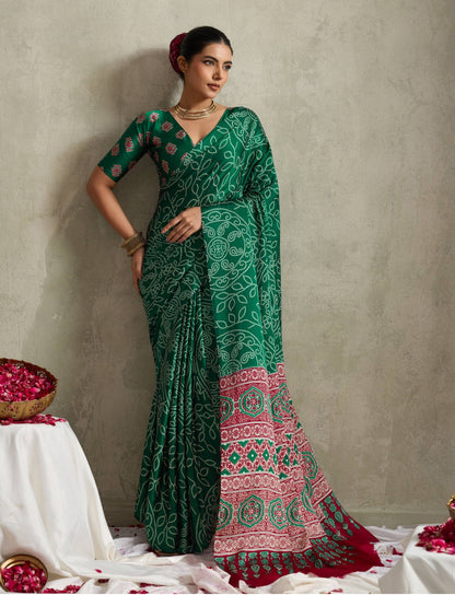 Green Crepe Silk Readymade/Easy Saree